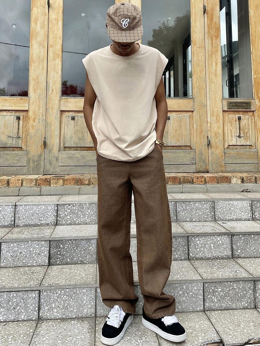 Ngobest Haus Ngobest Haus 1件复古美式男士宽松阔腿棕色牛仔裤，卡通大象刺绣，男女通用（不含腰带和配饰）