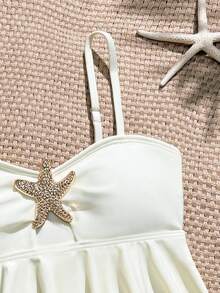 SHEIN Tween Girl Summer Beach Starfish Decor Spaghetti Strap Tankini Set - Yellow - View 5