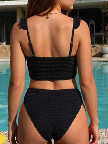 SHEIN Swim ملابس علوية تانكيني ذو خصر عالي مع تريم كشكش باللون الأحادي للنساء - الأسود - مشاهدة 2