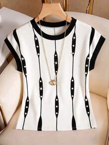 SHEIN Franclia Camiseta de manga corta raglán regular para mujer, con cuello y puños a contraste, camiseta de mujer elegante y de moda - Multicolor - Ver 3