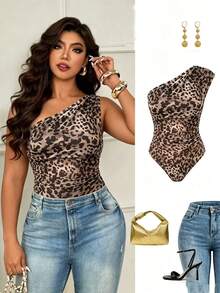 Elenzga Body de punto con estampado de leopardo sexy y retro americano para mujer de talla grande - Marrón - Ver 1