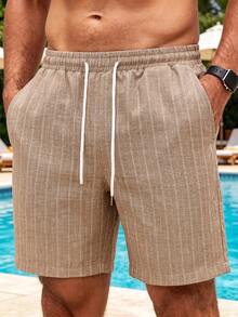 VENTUSAIL Men's Linen Casual Drawstring Shorts With Pockets,Blue And White Stripe,Summer,Beach,Holiday,Pinstripe Striped Resort Wear,Old Money Vintage Outfit - Khaki - View 8