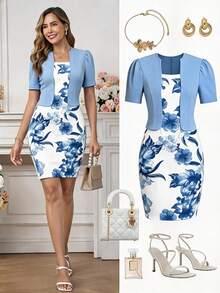 Ellevyn Women's Floral Print Dress And Solid Color Pleated Cardigan Casual Daily Outfit Set - Baby Blue - View 1
