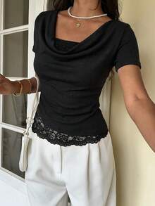 Serisse Women's Elegant Solid Color Lace Patchwork T-Shirt, Summer,Summer Top - Black - View 5