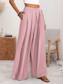 Wandoria Pantaloni a vita alta a gamba ampia in colore unito con pieghe e tasche, pantaloni mimetici verdi militari larghi, eleganti e sofisticati, stile retrò francese romantico minimalista, adatti per ufficio, pendolarismo, lavoro, casual, spiaggia, resort, primavera/estate - Rosa antico - Visualizzare 4