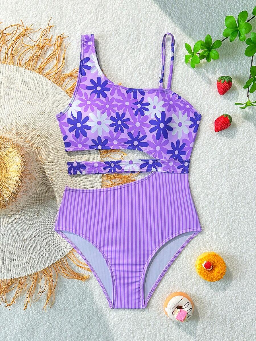 SHEIN Tween Girls Colorblock Floral Print Asymmetric Neck Hollow Waist One-Piece Swimsuit - Purple - View 1