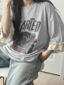 FRIFUL 女士休闲宽松字母印花蕾丝拼接短袖T恤，透气棉混纺面料，适合春夏穿着，百搭图案T恤 - 灰色 - 查看 4