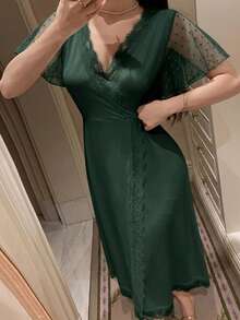 DAZY Knit Patchwork Polka Dot Mesh Short Sleeve Summer Dress, Women Casual Loungewear - Dark Green - View 4