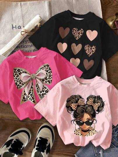 3pcs/Set Vintage Fashionable Leopard Print Tween Girls' Casual Minimalist Short Sleeve Round Neck T-Shirts, Suitable For Daily Wear In All Seasons, Suitable For School, Outings, Streets, Vacations, Homecoming, Back To School, Spring & Summer Outfits, Easy Comfort, Stylish Girls, Casual Wear, Kids Vintage Fashionable Leopard Graphic T-Shirts, Chic, New Style, Relaxed Chic, Homecoming, Relaxed Chic