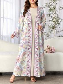 SHEIN Najma 花卉植物图案滚边大码女装连衣裙，优雅阿拉伯风格长袍，春夏时尚长袖开衫长款外套，花卉印花多色卡夫坦长袍 - 彩色 - 查看 6