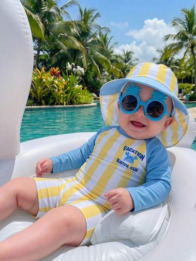SHEIN Áo bơi dài tay chống nắng màu vàng sọc phối màu dễ thương cho bé trai/bé gái, thích hợp cho bãi biển, bơi lội và lướt sóng.