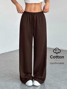 SHEIN PETITE Quần nỉ ống rộng dệt kim màu trơn thoải mái và giản dị dành cho nữ - Cà phê nâu - Xem 7