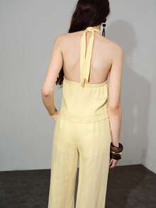 MOTF PREMIUM LINEN METAL DECOR HALTER CROP TOP, SPRING/SUMMER - Yellow - View 4