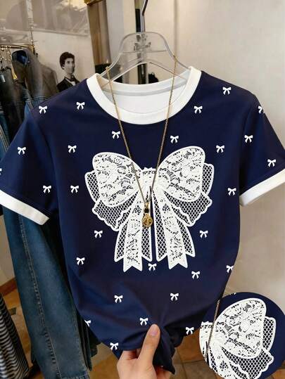 Tween Girl Bow Print Contrast Trim Round Neck Short Sleeve T-Shirt