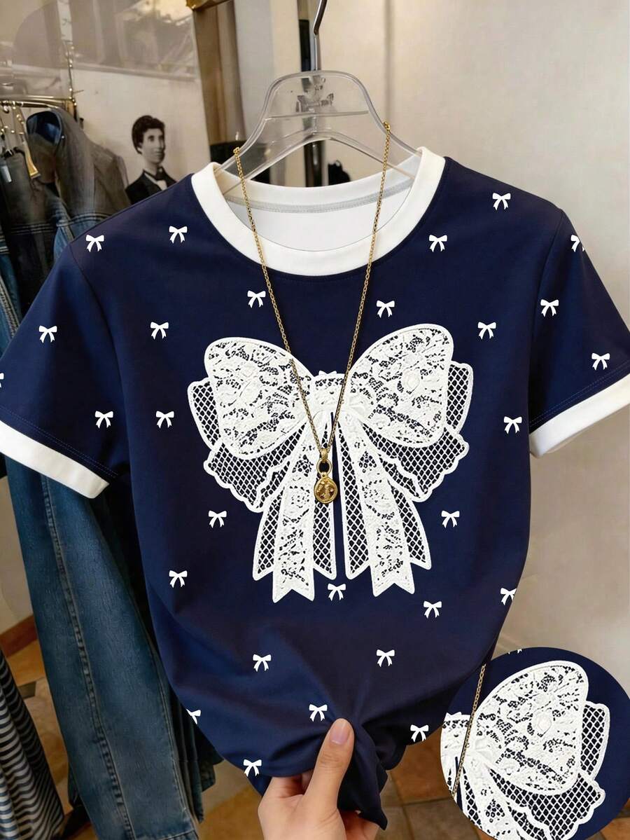 少女蝴蝶结印花撞色滚边圆领短袖T恤 - 彩色 - 查看 1