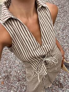 DAZY Bộ đồ denim thường ngày dành cho nữ, gồm áo cổ chữ V kẻ sọc buộc dây và quần dài. - màu nâu - Xem 1