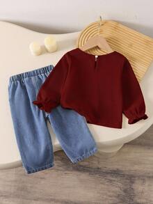 SHEIN Playful Pals Bộ quần áo nỉ cổ tròn trang trí nơ cho bé gái, mùa thu - Màu Đỏ Sâu - Xem 2