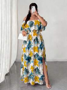 Elenzga Maxikleid in Große Größen für Damen, Frühling/Sommer Neuheit mit Blume Muster, Off-Shoulder Rüschensaum, romantisch sexy mit geraffter Taille. Geeignet für romantische Urlaubsreisen, Dates, Reisen, städtische Ausflüge, Musikfestivals und romantische Anlässe. - Verschiedenfarbig - Übersicht 3