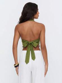 Avantive Women's Sexy Vacation Halter Neck Backless Top With Tassel Hem - Green - View 4
