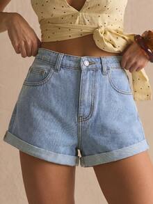 MUSERA Quần short denim dáng suông, cạp trung bình, có gấu lật lên, thích hợp cho mùa xuân hè, ấm áp, dễ thương, mặc hàng ngày, nữ tính, đi nghỉ mát, tắm nắng, giao lưu. - Rửa nhẹ - Xem 1