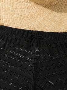 Conjunto de top calado y shorts de unicolor para niña preadolescente en vacaciones de verano en la playa - Negro - Ver 4