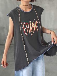 FRIFUL Áo thun nữ in chữ kiểu dáng thường ngày, thích hợp cho mùa hè. - Xám - Xem 6