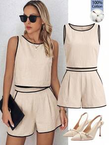 Ellevyn Bộ đồ nữ mùa hè kiểu dáng thường ngày, áo tank top cổ tròn phối viền tương phản và quần short (2 món) - Màu be - Xem 1