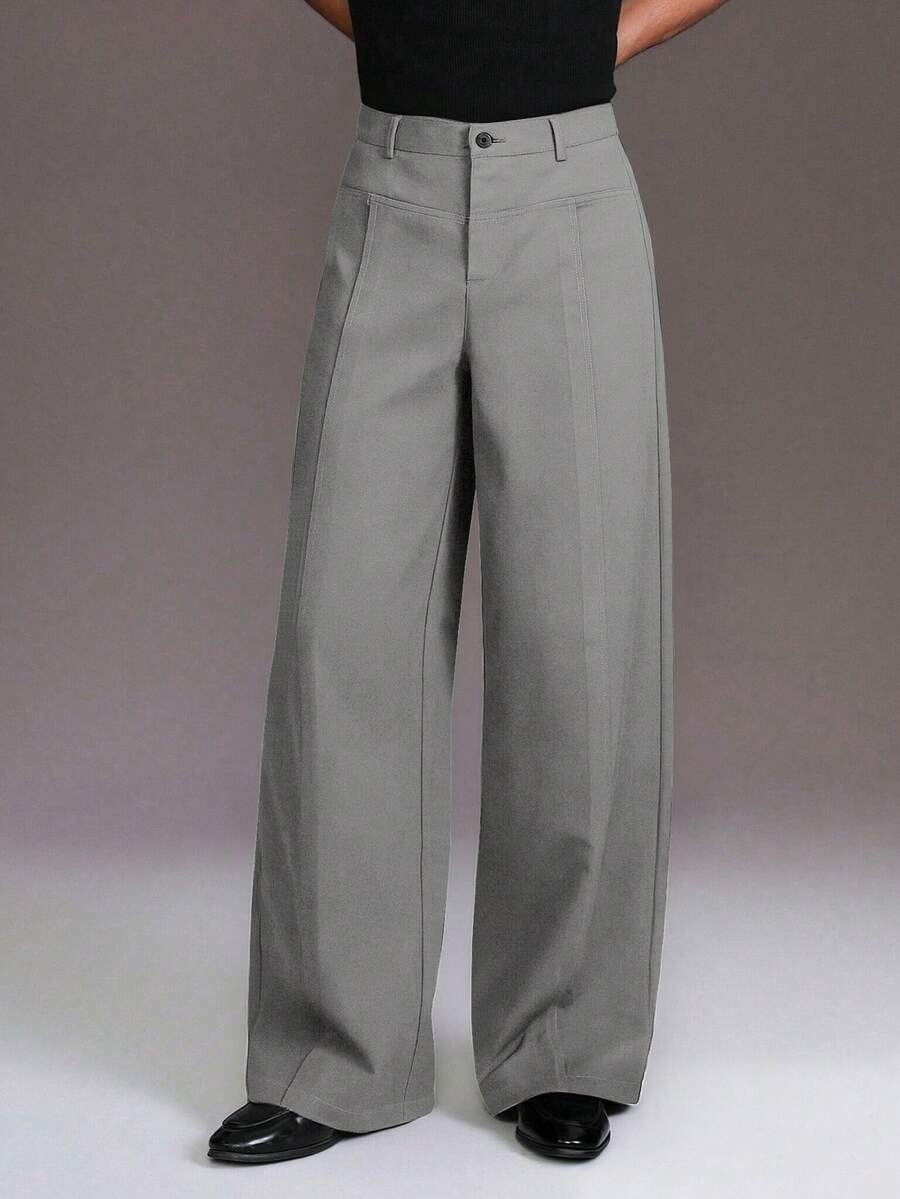 STYNVO Men's Solid Color Pleated Button Casual Pants - Grey - View 1