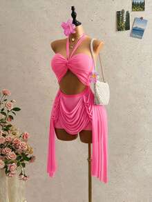 SHEIN PETITE Đầm cổ yếm gợi cảm mới dành cho nữ, phong cách Y2K tái hiện, kiểu dáng ngọt ngào quyến rũ, chất liệu vải xuyên thấu, đầm trễ vai, đầm cổ yếm, thiết kế cắt xẻ gợi cảm, vải chiffon trong suốt, phong cách nghỉ dưỡng, thời trang 2026, | Thiết kế tua rua bất đối xứng, phù hợp cho kỳ nghỉ biển. - Màu Hồng Tươi - Xem 4