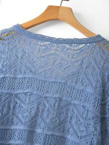 GlowEve CURVE Plus Size Elegant Hollow Out 3/4 Sleeve Round Neck Tie Bow Cardigan - Blue - View 7