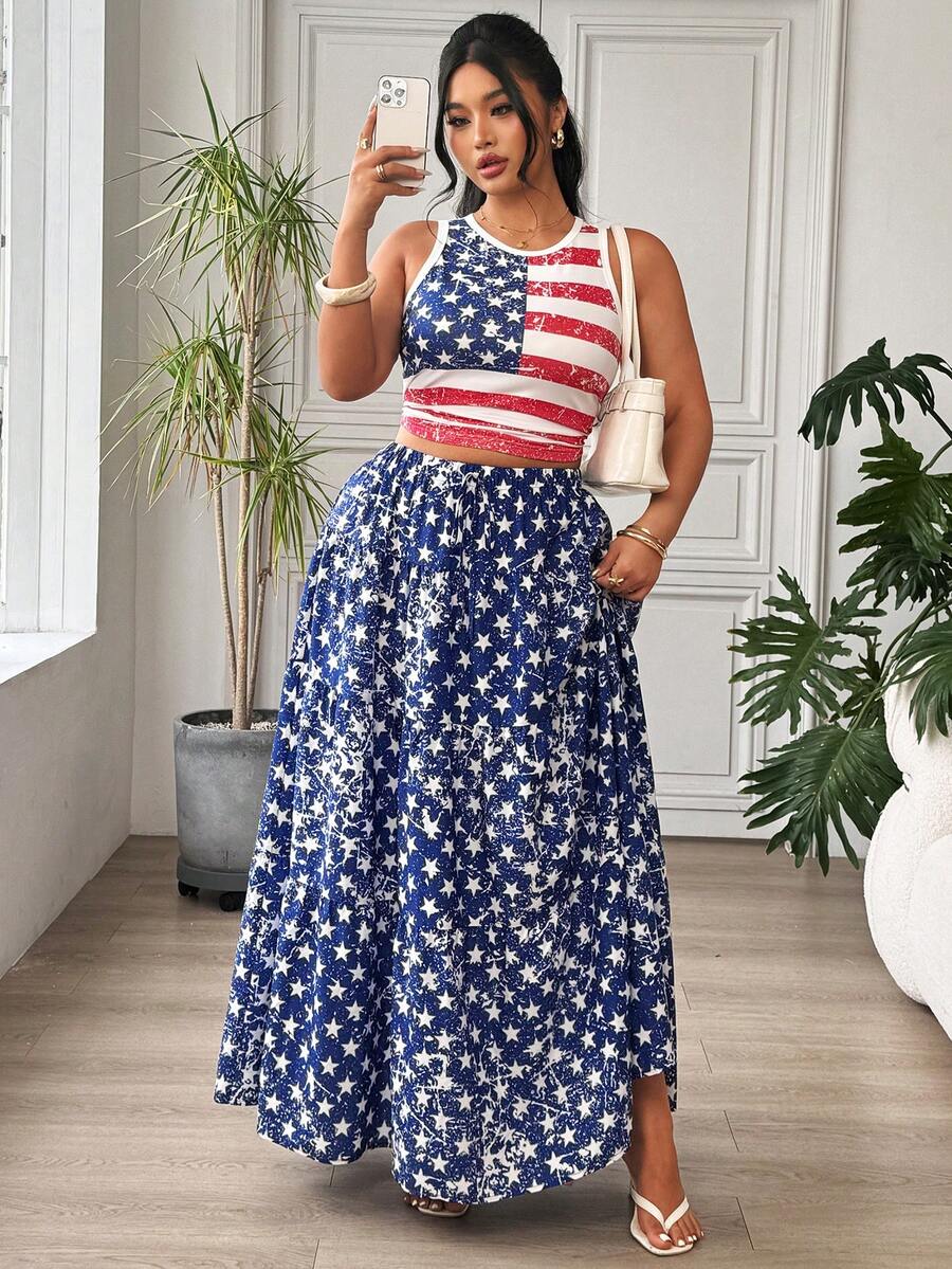 SHEIN EZwear 大码女式美国国旗印花休闲背心和迷你裙两件套 - 彩色 - 查看 1