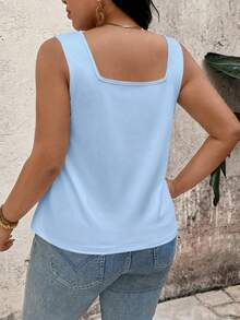 EMERY ROSE Plus Size Square Neck Tank Top, Vertical Pleats Design Flatters Figure, Loose & Comfortable Fit, Friendly Shoulder Straps - Blue - View 2