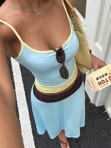 Aloruh 女士新款撞色吊带背心和撞色翻腰迷你裙两件套，适合度假、休闲、日常穿着、外出，Y2K风格 - 彩色 - 查看 5