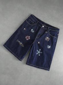 ROMWE MEN Street Life Quần short denim nam thêu hình sinh vật biển - Màu xanh lam - Xem 8