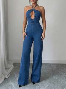 Firerie Bộ jumpsuit denim nữ gợi cảm hở lưng, cổ yếm, khoét eo, phù hợp cho kỳ nghỉ hè, lễ hội, đi làm, tốt nghiệp, phong cách Y2K, dễ thương, thời trang đường phố, tiệc tùng, đám cưới, thanh lịch, công sở, đi biển, tốt nghiệp, phong cách sang trọng. Jumpsuit denim nữ cổ yếm buộc dây với chi tiết khoét eo, ống rộng. - Màu xanh lam - Xem 4