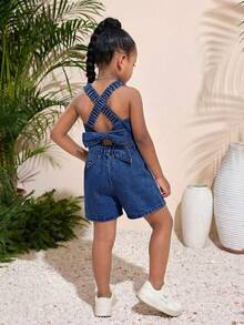 Young Girl' Blue Denim Jumpsuit With Bow Decor On Back, Sleeveless - Dark Wash - View 2