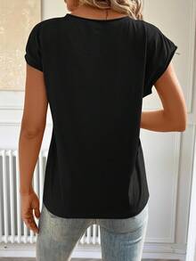 Easowa Solid Batwing Sleeve Tee,Casual - Black - View 2