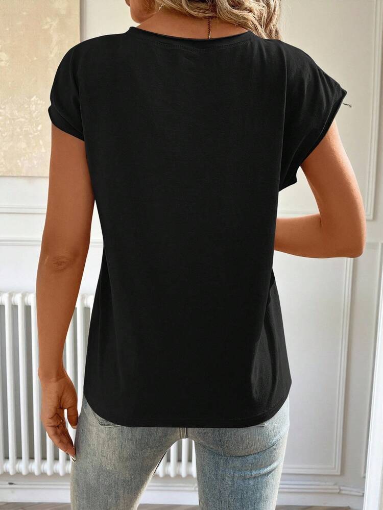 Solid Batwing Sleeve Tee,Casual