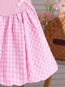 Elladie kids Đầm hồng không tay cho bé gái, phần thân trên dệt kim có điểm nhấn nơ, chân váy phồng kẻ caro, kiểu dáng ngọt ngào, thích hợp cho mùa xuân đến đầu mùa thu. - Hồng - Xem 5