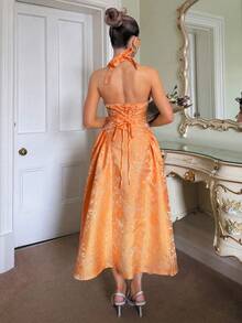 Glamine Charm Vestido acampanado sin mangas con cuello en V y estampado floral en relieve vintage para mujeres - Naranja - Ver 2