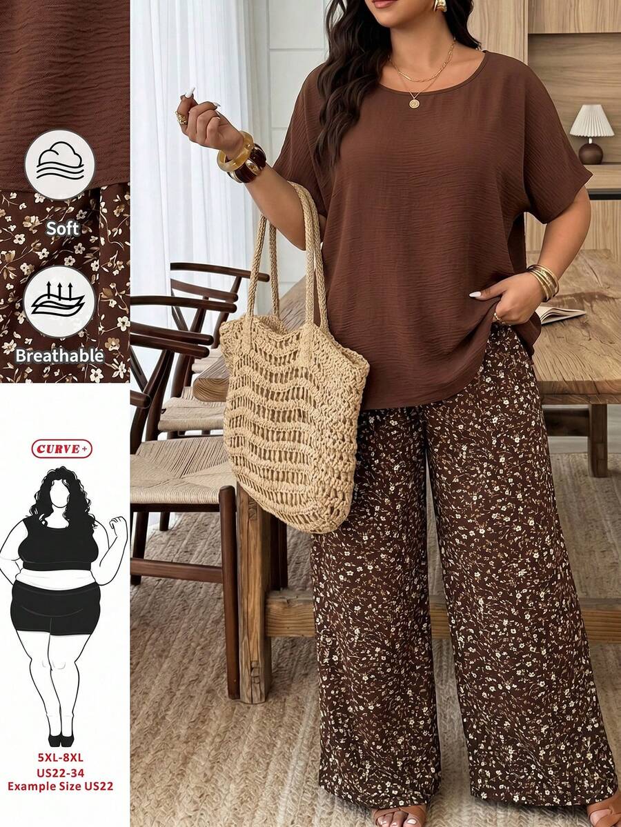 SHEIN CURVE+ Curve 尺码 US22 音乐节、海滨度假、波西米亚风两件套女士度假宽松衬衫和碎花长裤套装 夏季套装 - 棕色 - 查看 1