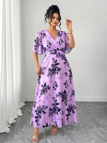 SHEIN Clasi 大码女式V领印花褶皱休闲派对连衣裙 - 淡紫色 - 查看 4