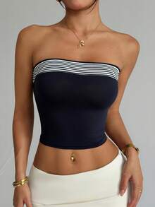 SHEIN HypeZone Áo croptop thể thao kẻ sọc dành cho nữ - Màu xanh hải quân - Xem 4