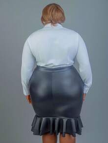 CurvyTilda Plus Size Elegant Black Bodycon Mermaid Skirt, Leather Skirt, Skirt Without Belt, For Hourglass Body Shape - Black - View 6