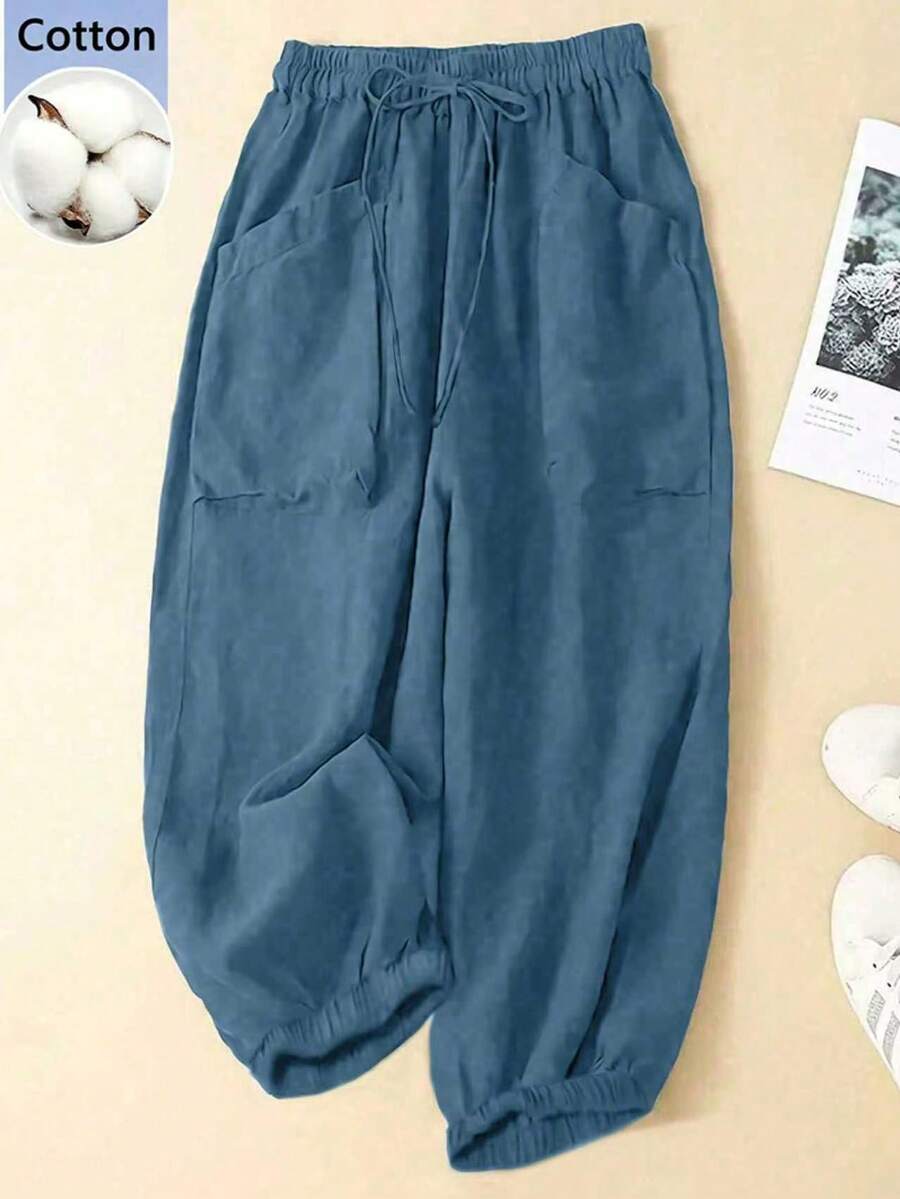 Linhara Quần ống rộng màu trơn cỡ lớn dành cho nữ, quần casual nữ, quần phồng nữ, quần harem nữ có túi. - Màu xanh bụi bặm - Xem 1