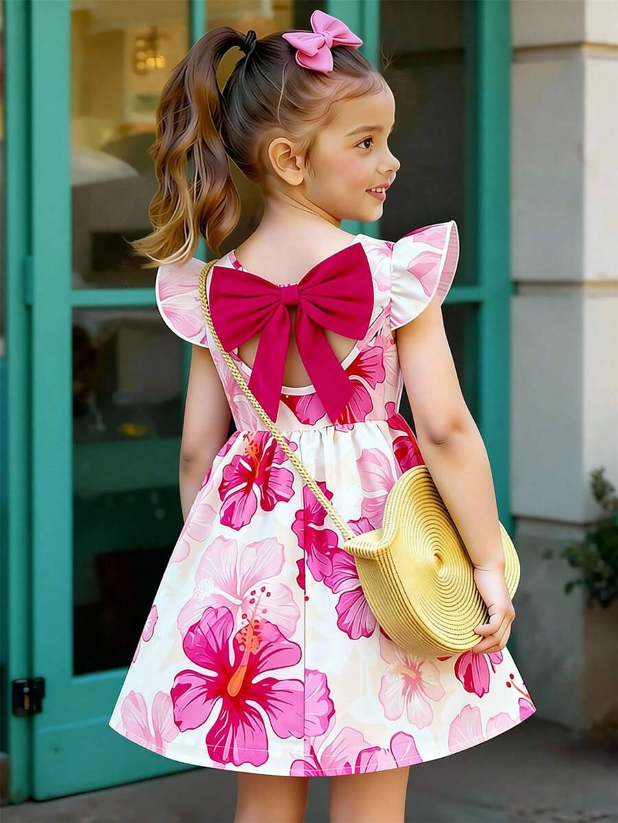 Elladie kids 女孩優雅粉色花卉印花夏季洋裝,仙女風7歲生日度假穿搭,圓領荷葉袖鏤空露背蝴蝶結裝飾荷葉邊洋裝 - 彩色 - 查看 1