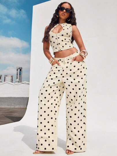 Denimoi Jeans de pierna ancha con lunares, jeans de moda, atuendos de verano, atuendos para brunch, estilo it girl