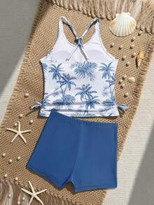 SHEIN Conjunto de tankini para niñas preadolescentes con top corto tipo halter con estampado de árbol de coco y pantis lisos de un solo color - Gris Claro - Ver 2