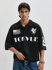 TOKVUE 男士复古运动+街头风短袖Polo衫，翻领Polo衫，宽松短款针织衫，融合英伦足球文化和复古球衣风格，都市男孩风，修身剪裁，简约优雅，时尚休闲，通勤休闲，节日礼物 - 黑色 - 查看 5