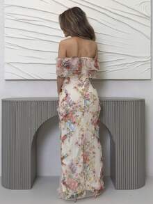Jemour Elegant Romantic Ruffle Off Shoulder Cinched Waist Bodycon Mesh Floral Dress For Women Party - Multicolor - View 2